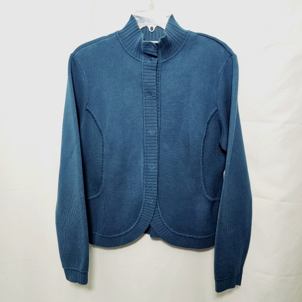 Talbots Womens Blue-Teal 100% Cotton Knit Sweater Snap-up Cardigan Size XL